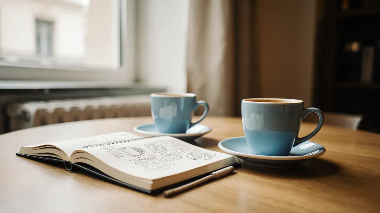 Coaching-Setting mit zwei Kaffeetassen und Notizbuch, gedankliche Atmosphäre