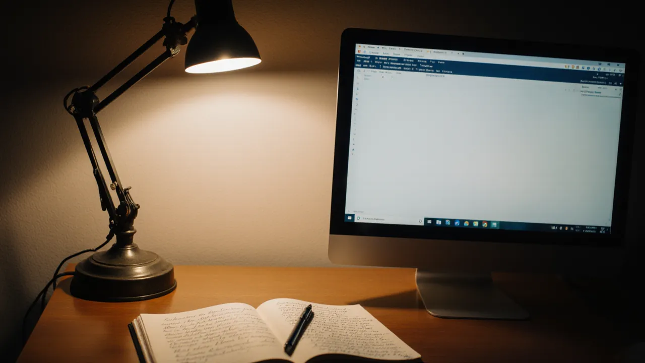 Arbeitsplatz in der Dämmerung mit Schreibtischlampe, Notizbuch, philosophische Stimmung